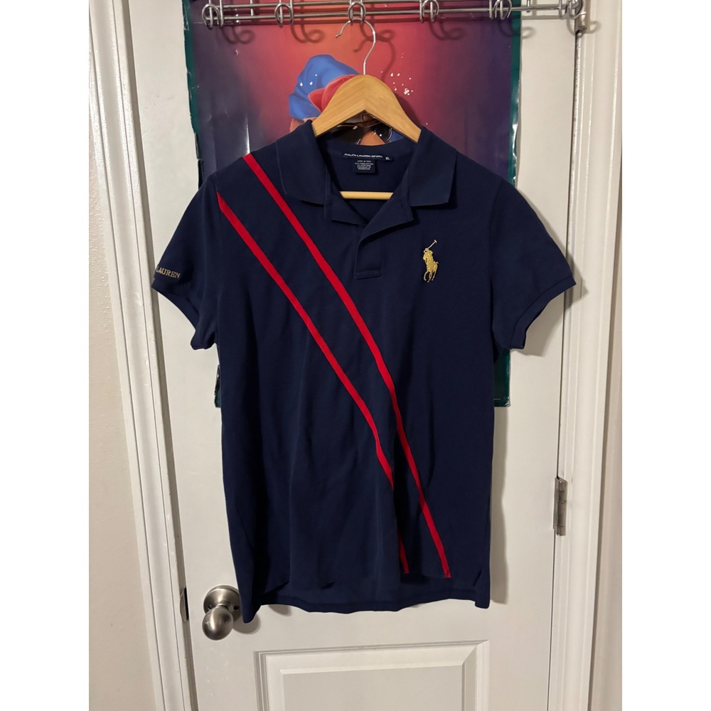 Ralph Lauren Sport Mens Navy Blue Big Pony Red Stripe Pima Cotton Polo Shirt XL